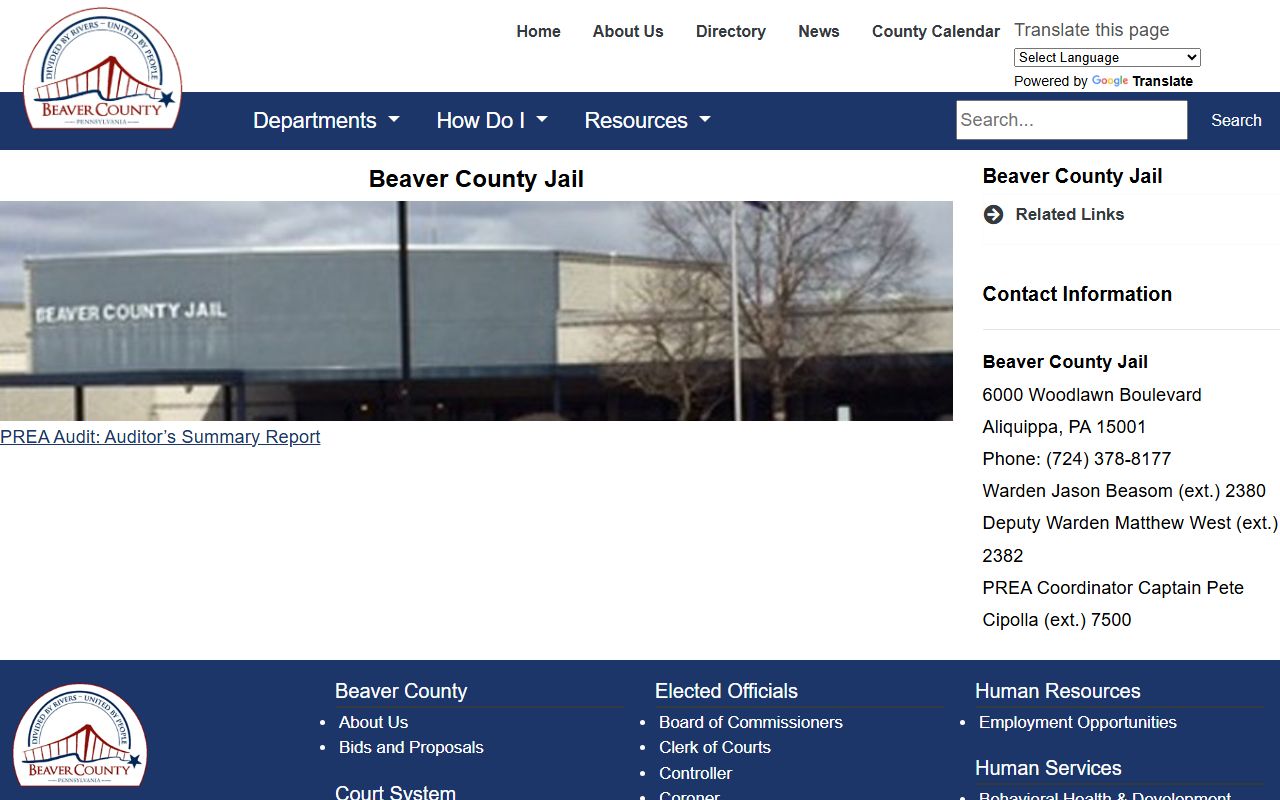 Beaver County Jail official page for inmate custody search