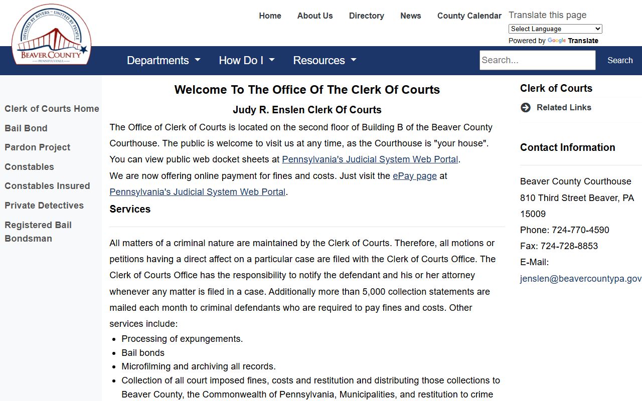 Beaver County Clerk of Courts criminal court records after jail arrest