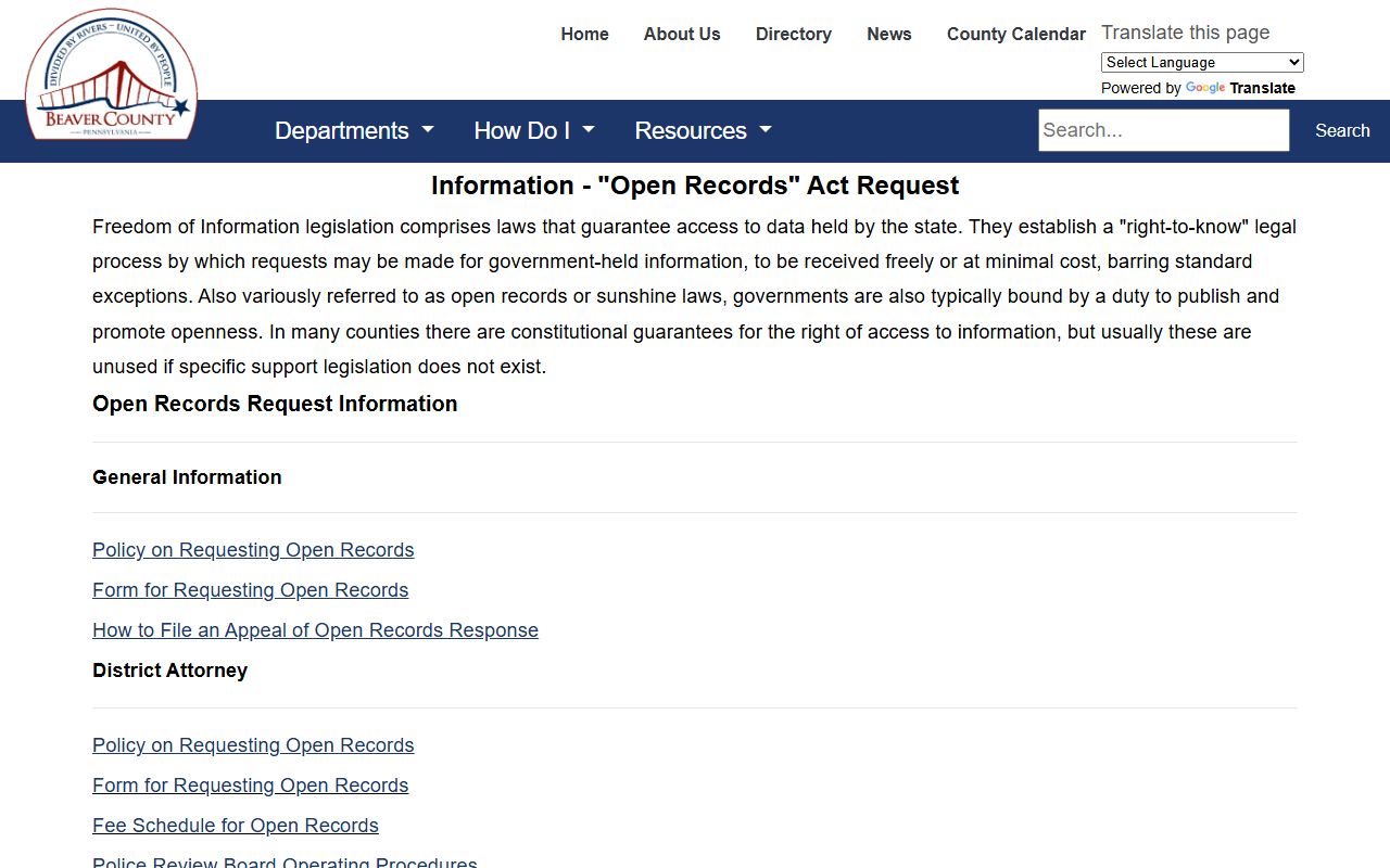 Beaver County open records page for booking photo requests