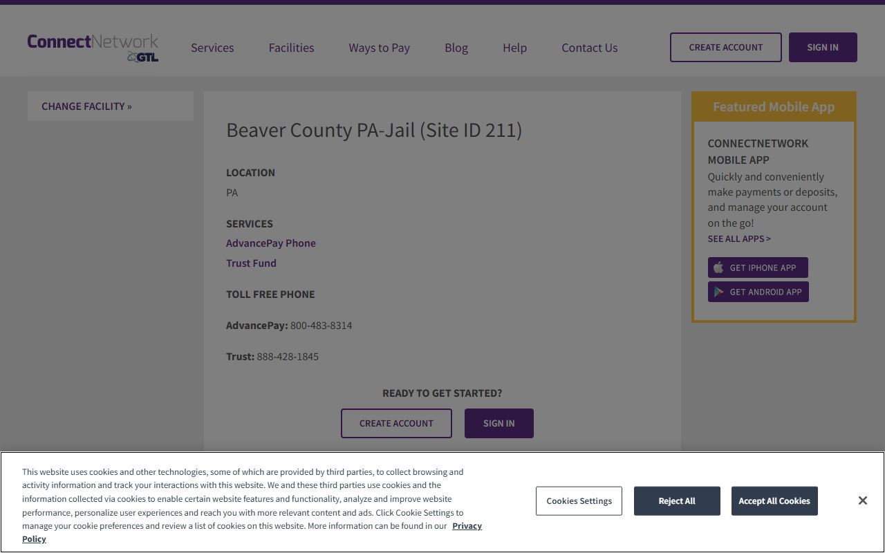 ConnectNetwork Beaver County Jail Site ID 211 phone and trust fund services